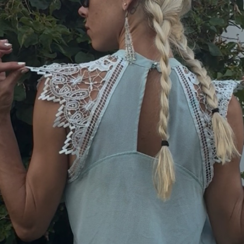 Love J Light Blue Lace Accent Blouse